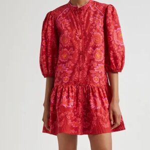 Farm Rio Olivia Puff Sleeve Drop Waist Cotton Minidress XS NWT